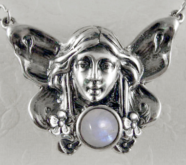 Sterling Silver Victorian Winged Fairy Necklace With Rainbow Moonstone
